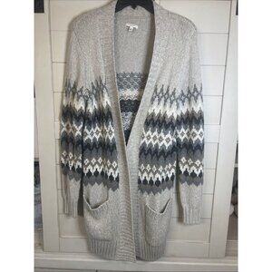 Cozy Sonoma Open Front Long Cardigan Sweater Beige Nordic Argyle Pockets M